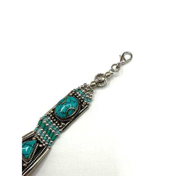 Turquoise & Coral Tibetan Silver Bracelet and Turquoise Earrings Set - Picture 5 of 6